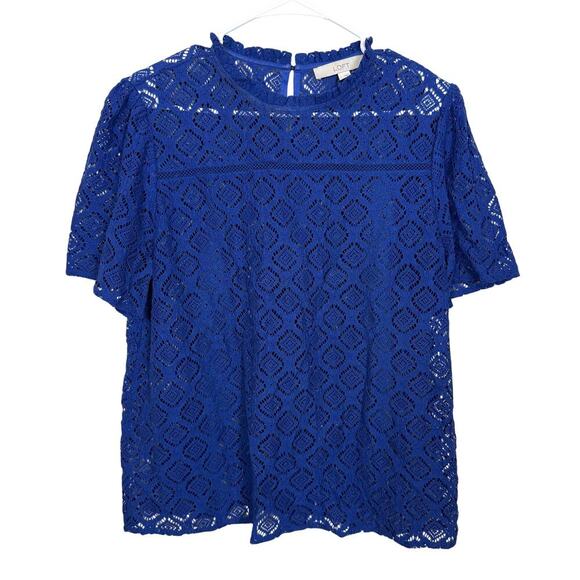 LOFT Tops - LOFT Blue Lace Short Sleeve Top Sheer Ruffle Collar Large